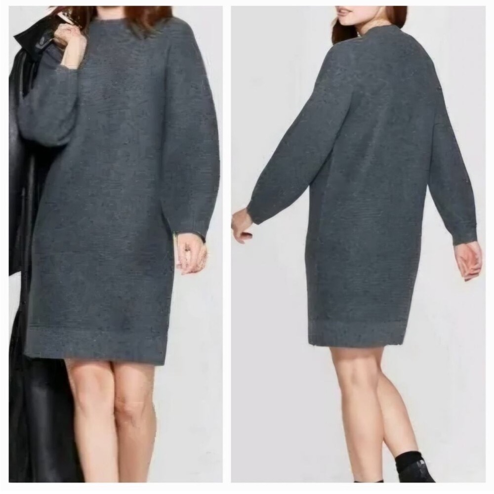 NWT Prologue Relaxed Fit Knit Sweater Dress Balloon Sleeve Gray Sz M